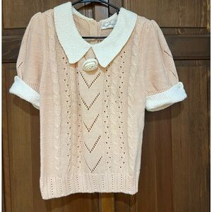 Light pink blush Sweater white sleeves rosette vintage soft medium boho grandma